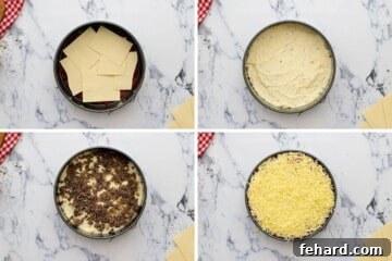 Four photos showing layering ingredients in springform pan.