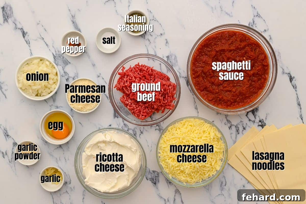 All the fresh ingredients for making Instant Pot Lasagna laid out on a kitchen counter, clearly labeled for convenience.