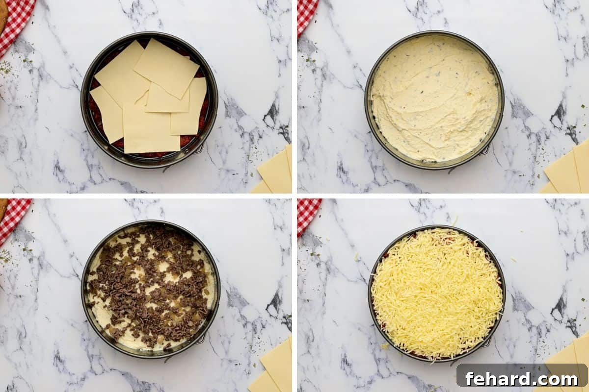 A four-panel image demonstrating the layering process of ingredients into a springform pan for Instant Pot Lasagna.