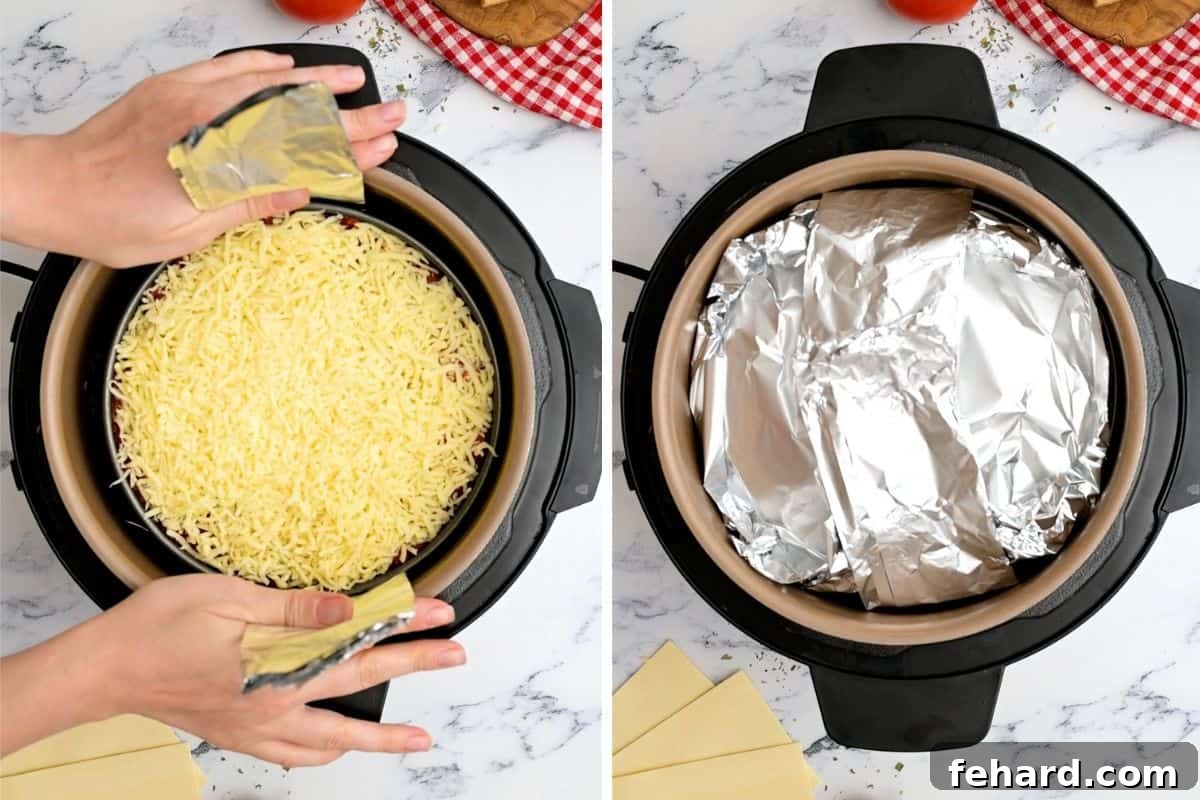 Side-by-side photo showing a lasagna pan being placed on a foil sling and then covered loosely with foil.