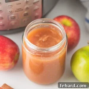 Jar of homemade applesauce next to Instant Pot made with sweet apples not peeled.