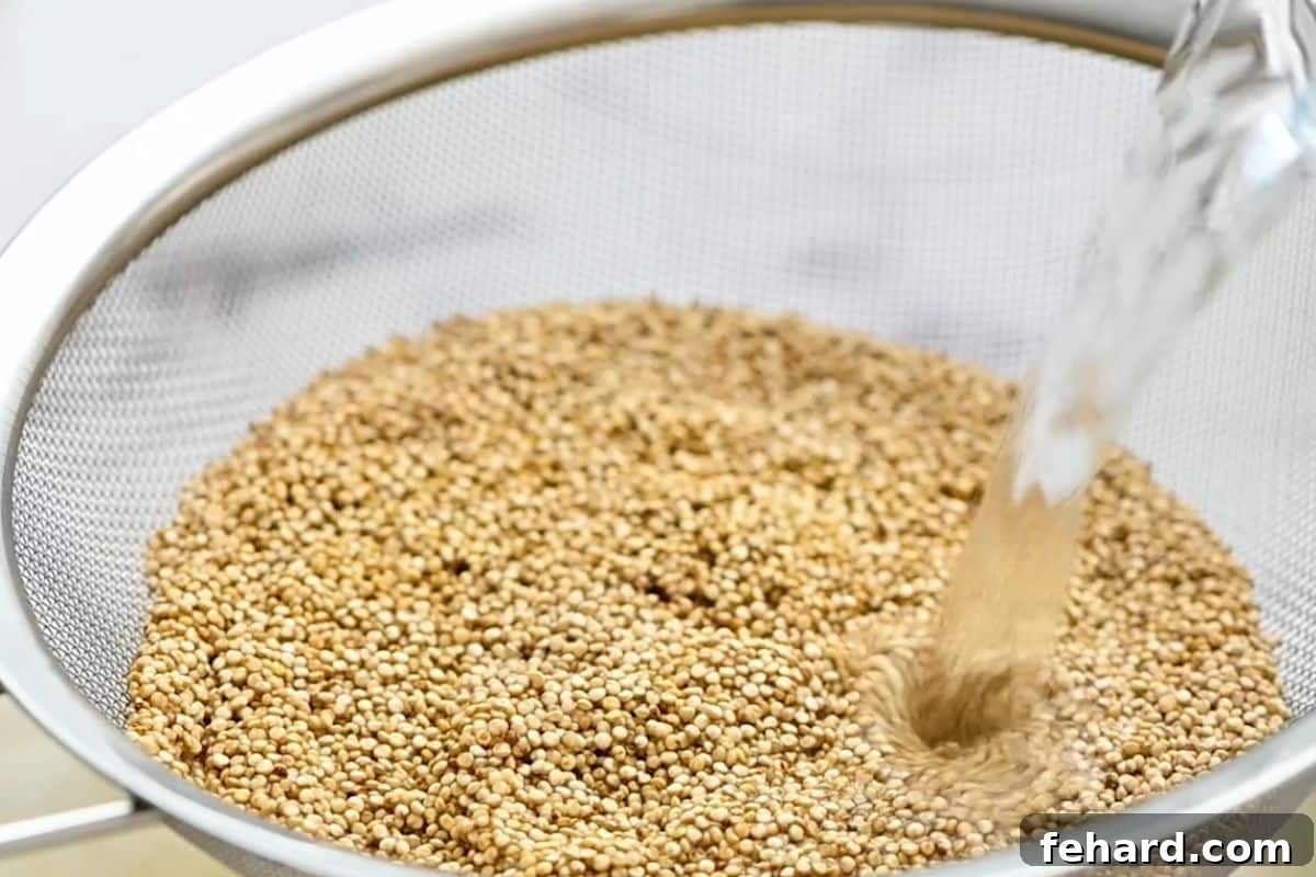 Rinsing Quinoa Quinoa being rinsed under cold running water in a fine-mesh strainer, illustrating the crucial first step for removing saponin.