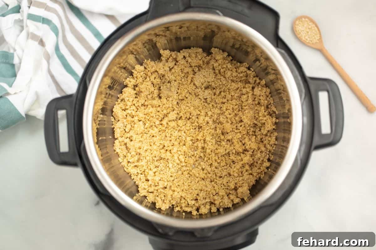 How to Cook Quinoa in Instant Pot Perfectly cooked white quinoa, light and fluffy, seen inside the inner pot of an Instant Pot, ready for serving.