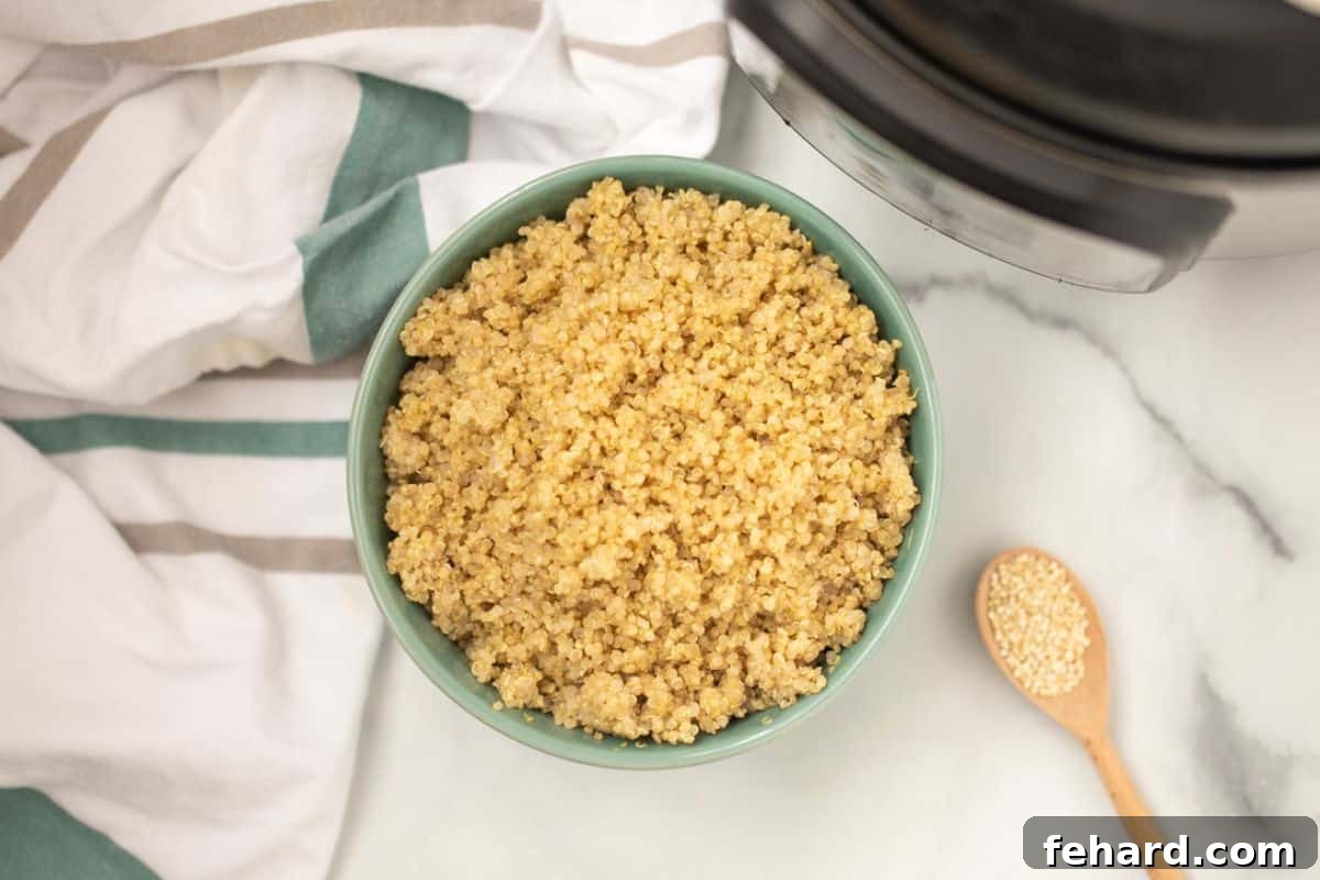 Instapot Quinoa Serving Idea A beautifully presented bowl of fluffy Instant Pot Quinoa, garnished with fresh herbs and vegetables, ready to eat, next to the Instant Pot appliance.