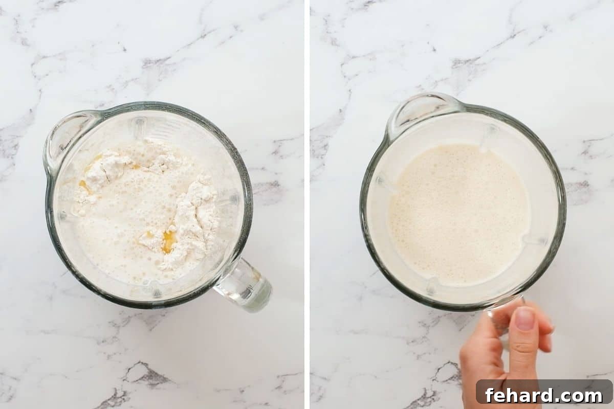 Two blenders side-by-side, one showing dry ingredients before blending, and the other with smooth, aerated crepe batter after blending.