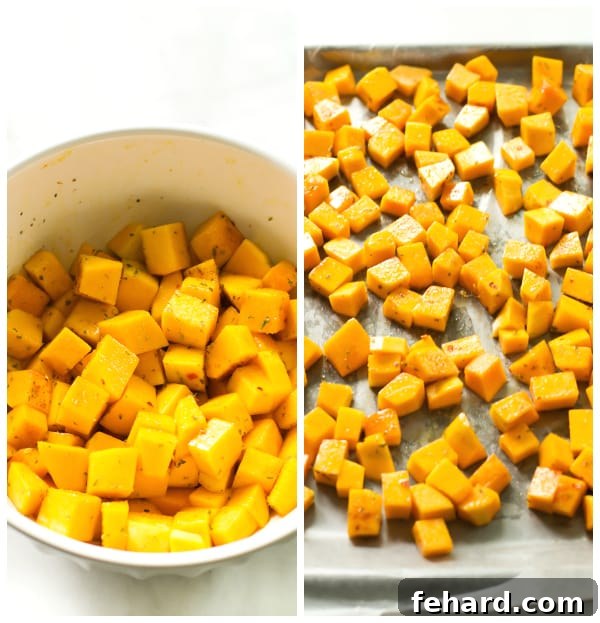 Instructional photo showing butternut squash roasting.