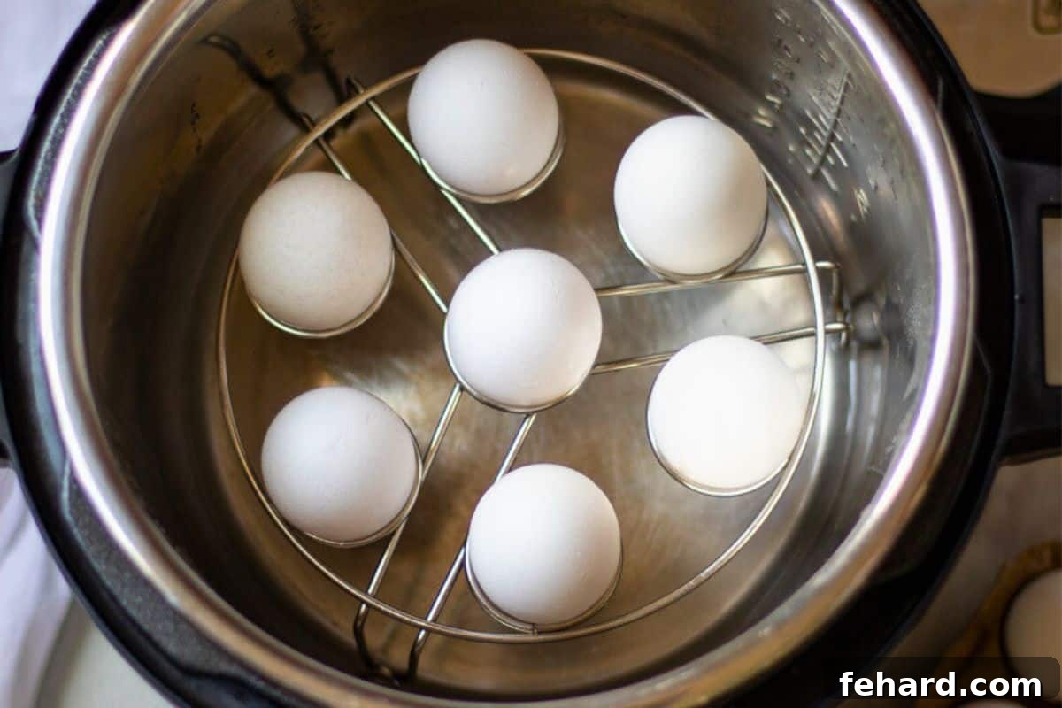 Seven eggs on an egg rack inside an Instant Pot, showing a larger batch setup for pressure cooking.