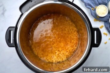 Elbow noodles with seasoned broth inside inner pot before pressure cooking.
