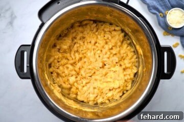 Instant Pot filled with cooked elbow noodles after adding cheese and sour cream to make mac and cheese.