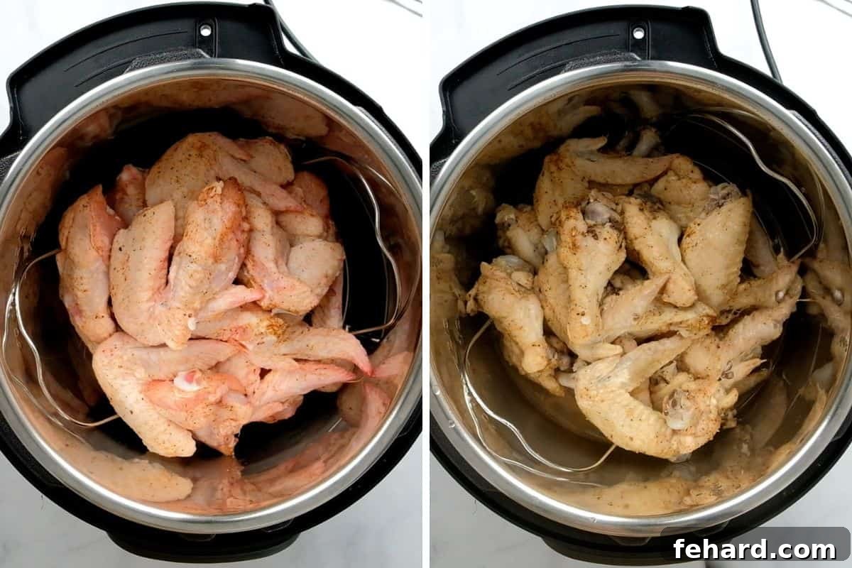 Side by side photo of chicken wings in instant pot before and after pressure cooking.