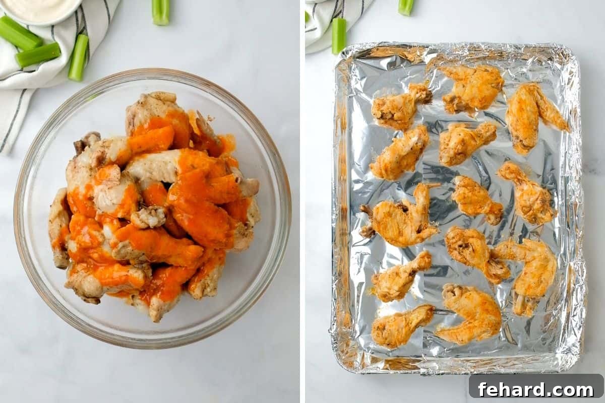 Side by side photo of chicken wings before and after being tossed with buffalo sauce.
