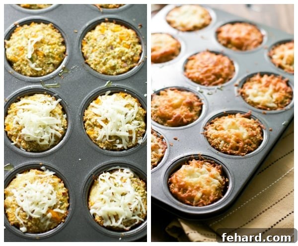 Instructional photo showing raw cauliflower muffin batter in a muffin tin next to a tray of baked, golden-brown cauliflower muffins.