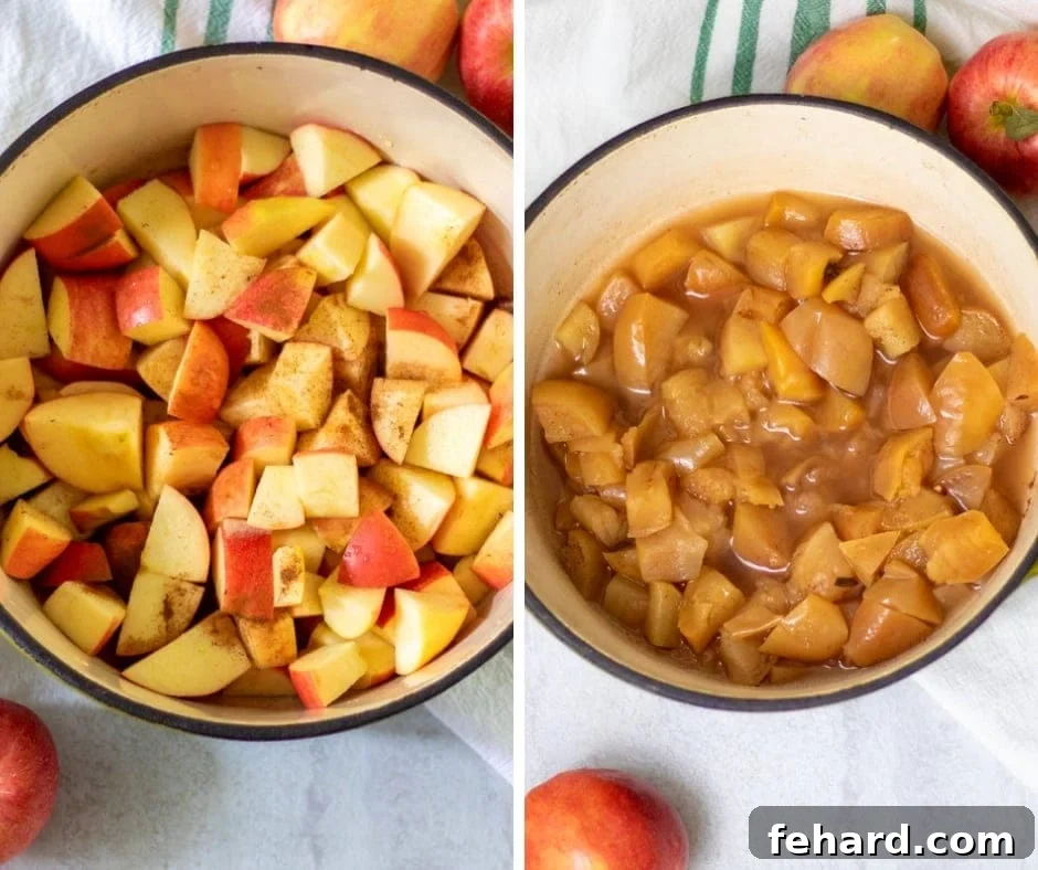 How to make applesauce without sugar A side-by-side photographic comparison showcasing apples both before and after the cooking process, vividly illustrating their transformation into tender fruit.