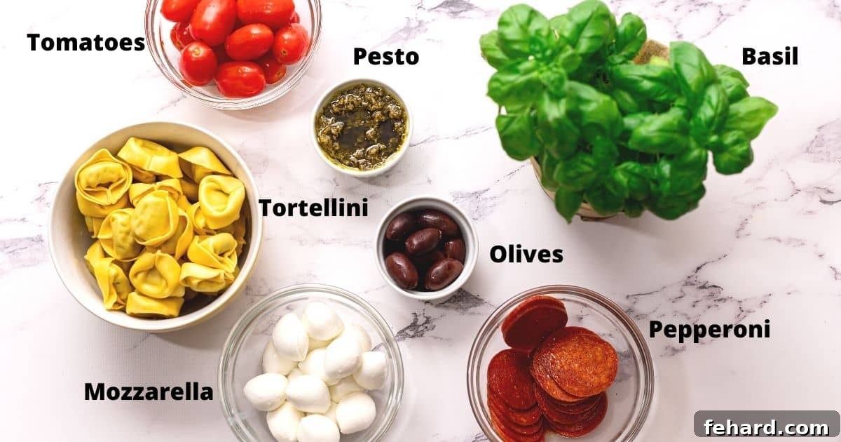 Ingredients for Antipasto Skewers labeled on white counter, including tortellini, pesto, mozzarella balls, cherry tomatoes, and basil.