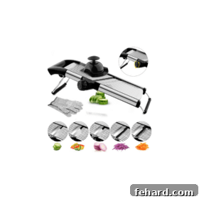 A high-precision Mandoline Food Slicer with various blade settings, perfect for creating uniform vegetable cuts.