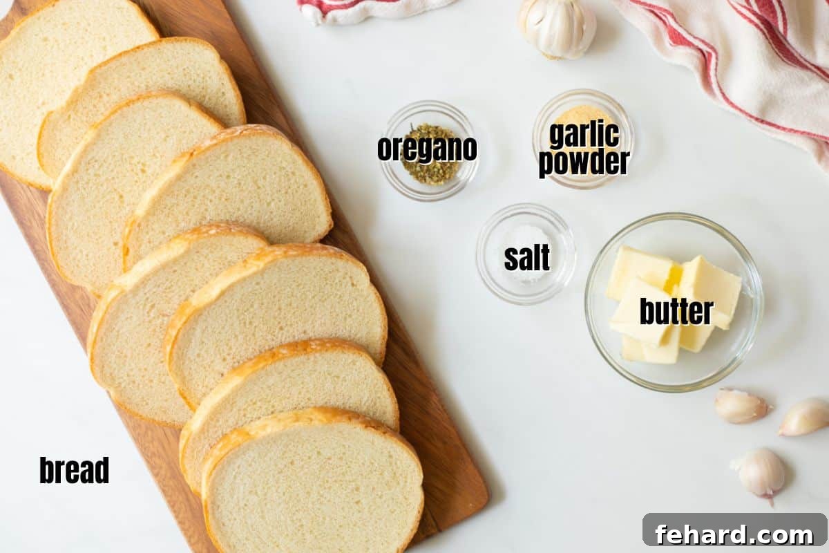 Ingredients for Texas Toast labeled on counter: bread, butter, garlic powder, oregano, salt.