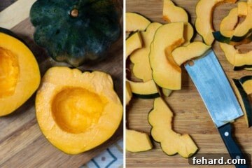 Side by side photos showing acorn squash cut in half and then cut into 1-inch thick crescent shapes.