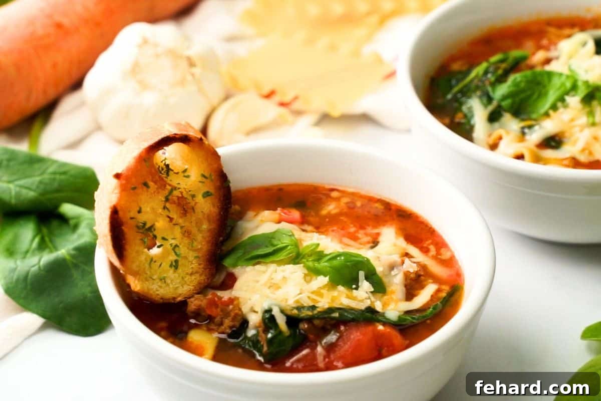 A close-up shot of a white bowl filled with Instant Pot Lasagna Soup, generously topped with melted mozzarella and parmesan cheese. A piece of golden garlic toast is dipped into the rich, tomatoey broth, highlighting the hearty sausage and tender noodles.