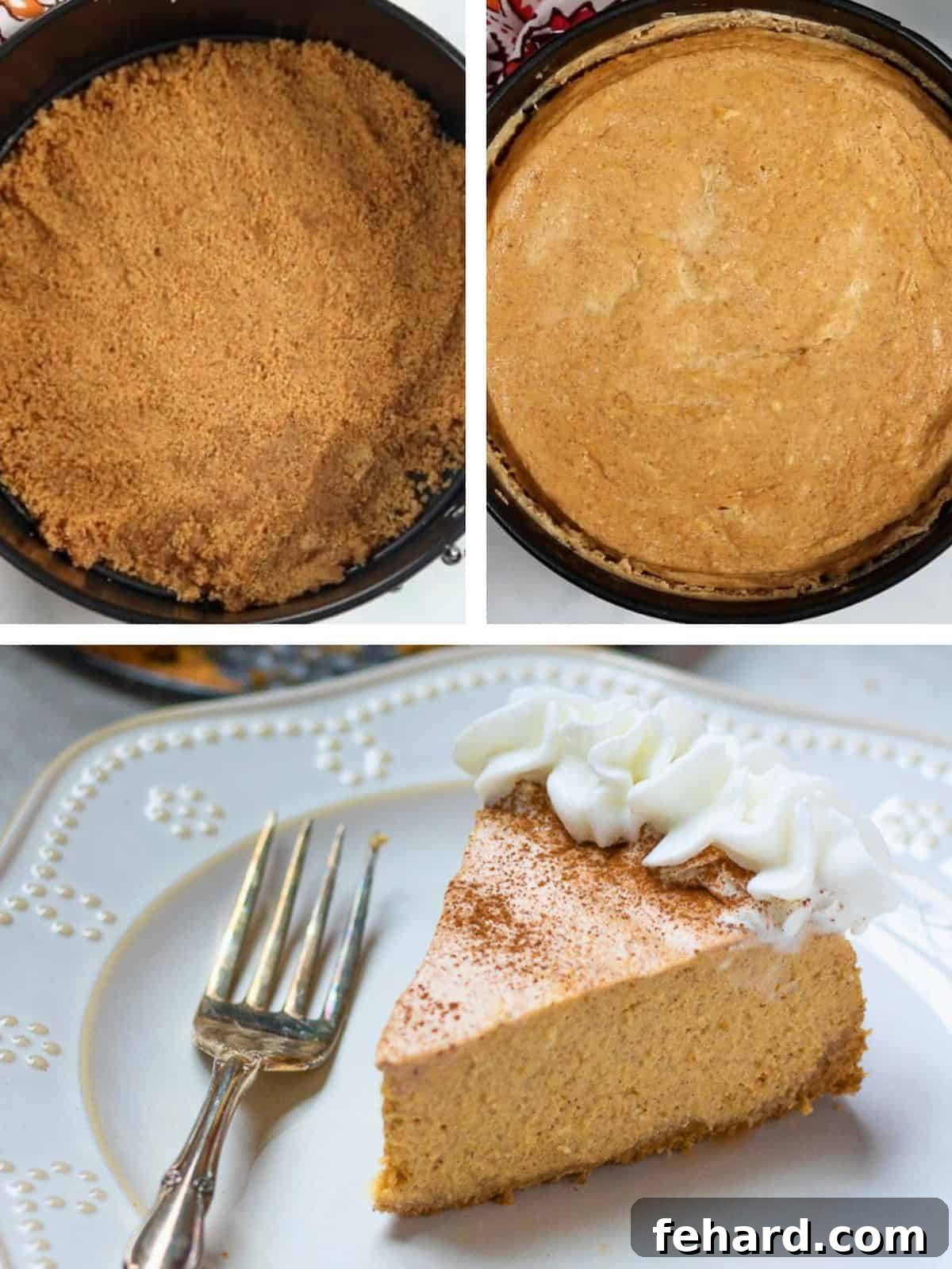 A visual collage displaying three stages of the Instant Pot Pumpkin Cheesecake: the gingersnap crust being pressed into the pan, the pressure-cooked pumpkin cheesecake freshly out of the Instant Pot, and a perfectly sliced portion on a plate.