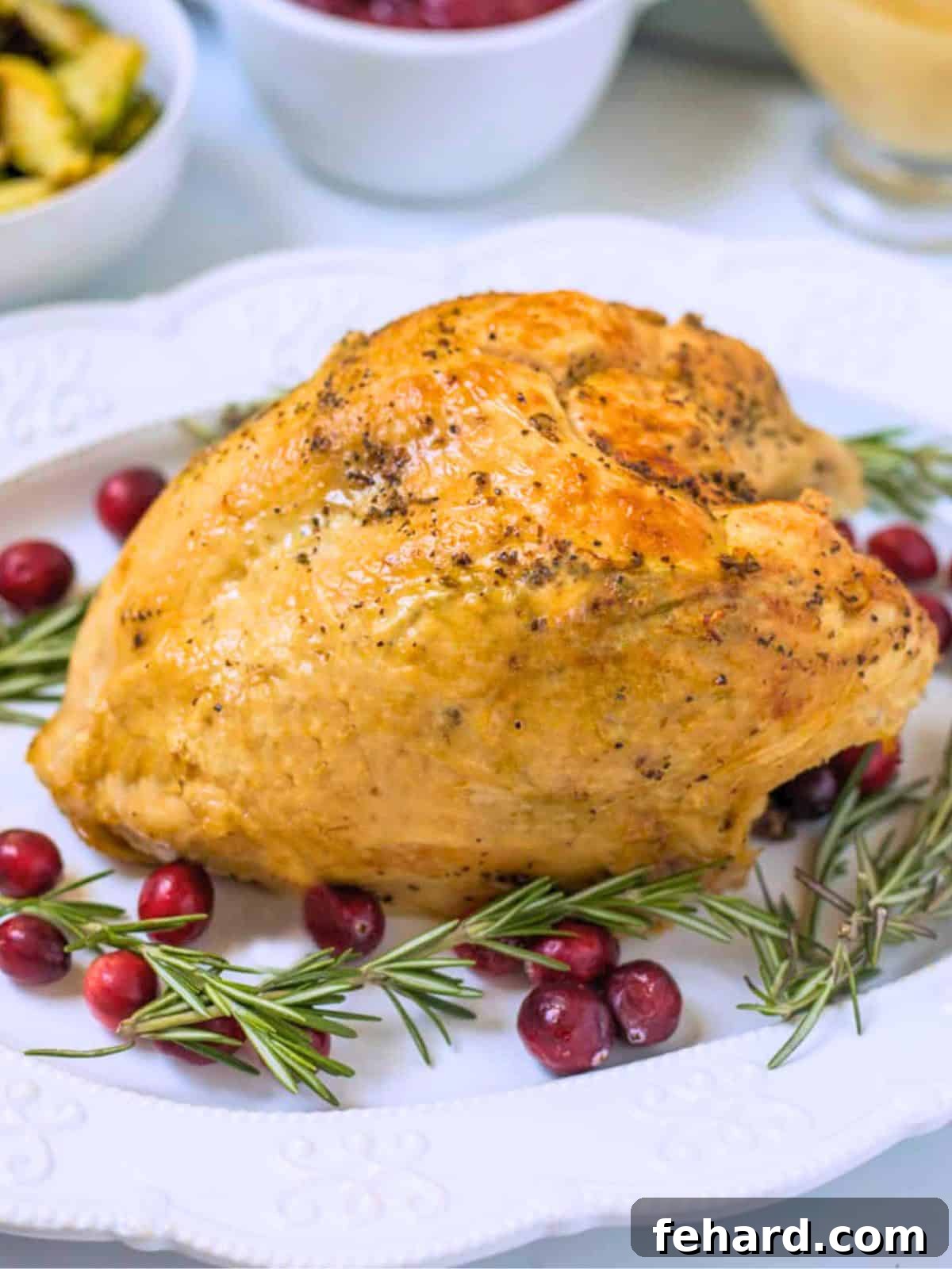 Instant pot turkey breast on white platter with crispy skin surrounded by rosemary sprigs and cranberries, ready to serve.