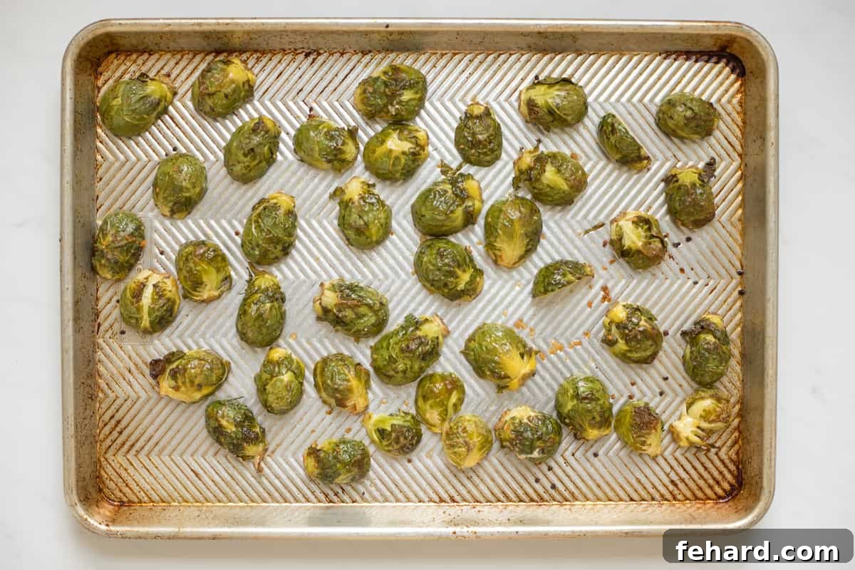 Roasted halved fresh brussels sprouts on sheet pan spread out in a single layer.