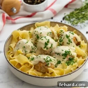 Bowl of Swedish meatballs served over egg noodles and topped with parsley.