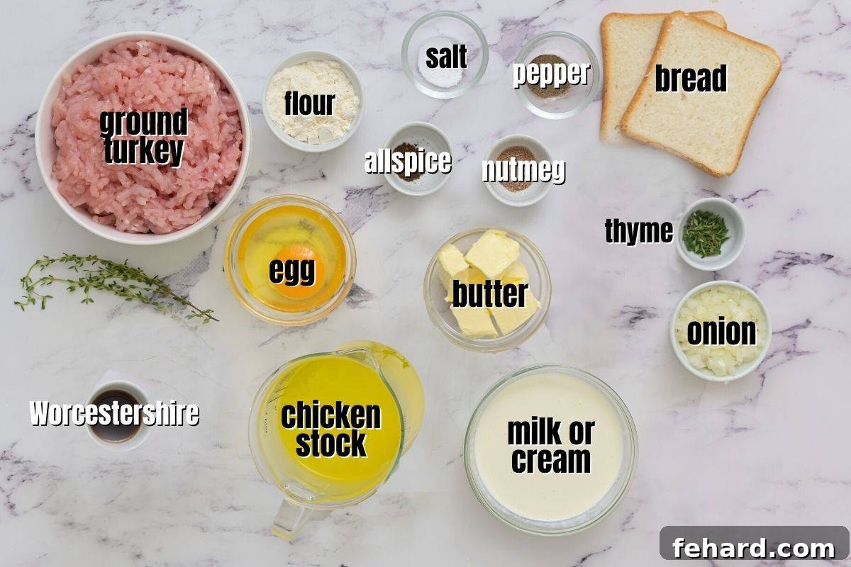 Arrangement of fresh ingredients for turkey meatballs and creamy Swedish Meatball sauce on a kitchen counter, clearly labeled.