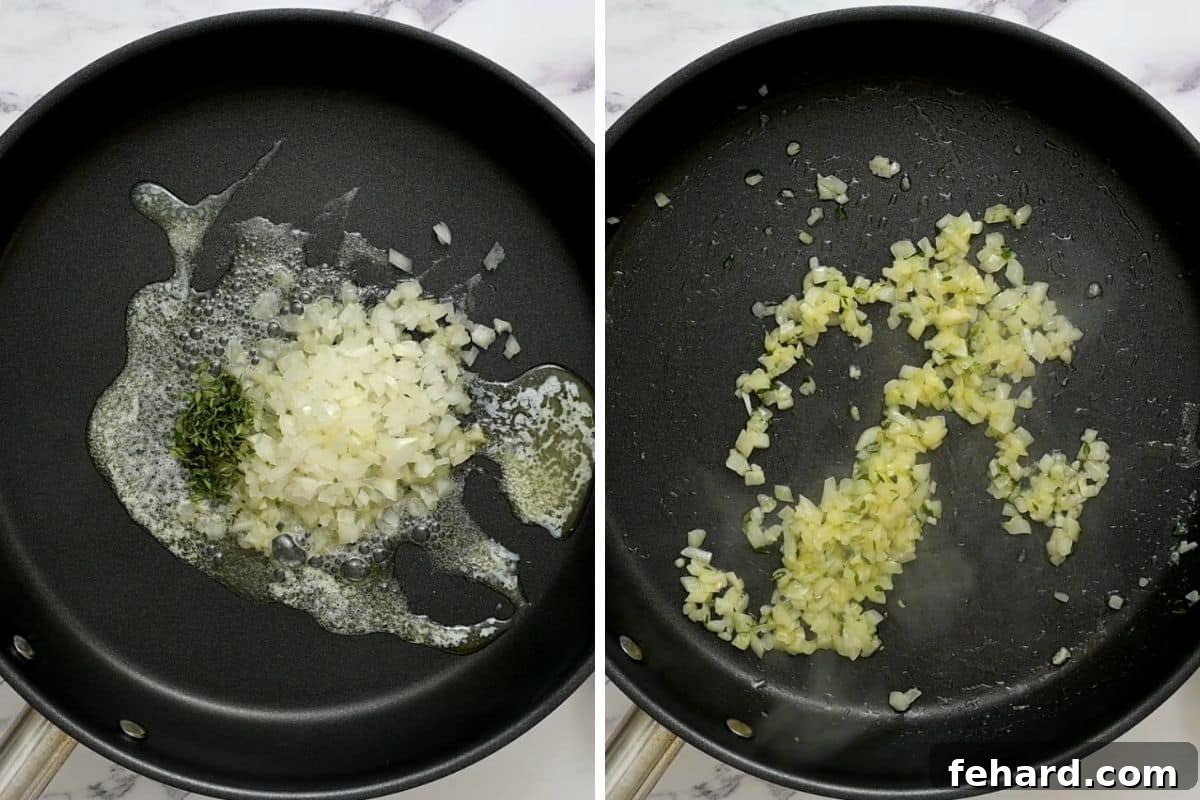 Side-by-side view of a skillet showing diced onions and fresh thyme before and after sautéing in butter, highlighting the softened texture.
