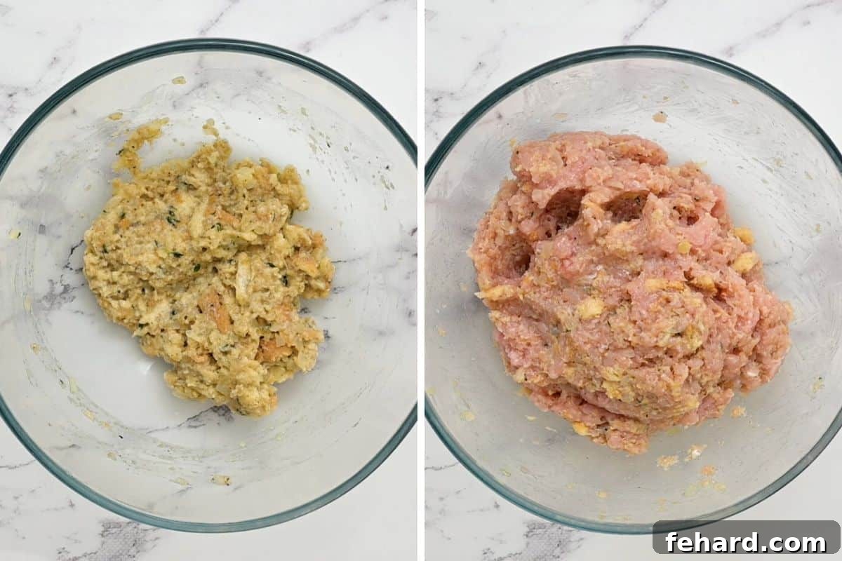 Side-by-side image of a mixing bowl, first showing the combined wet binders and seasonings, then the ground turkey gently mixed into the mixture.