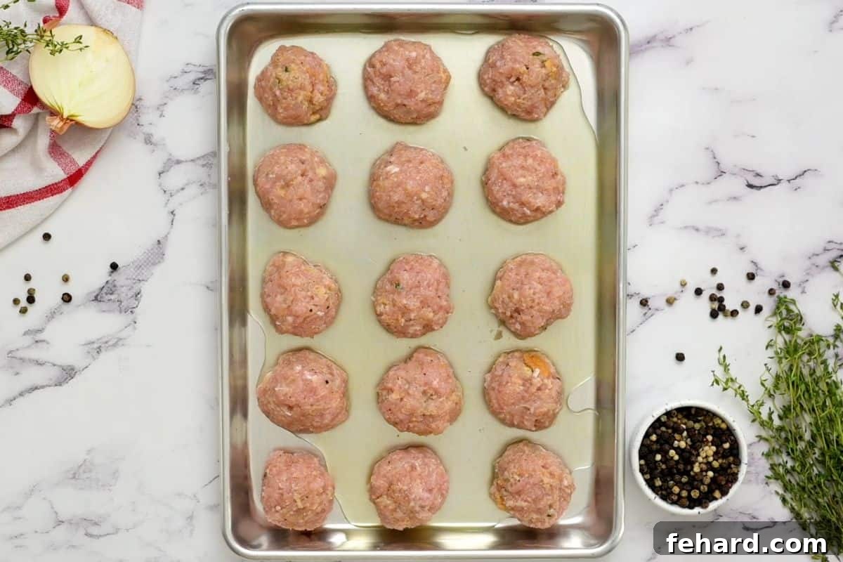 Neatly arranged turkey meatballs on a rimmed baking sheet with chicken stock visibly poured around them, ready for the oven.