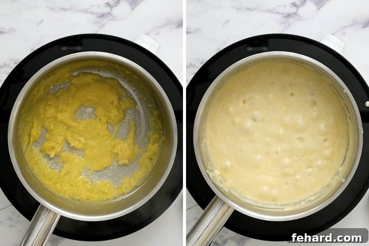 Close-up of a creamy Swedish Meatball Sauce simmering gently in a saucepan, showcasing its smooth, thickened consistency.