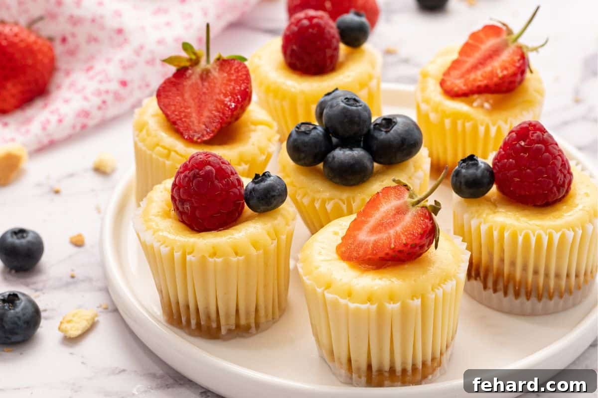 A stunning arrangement of mini cheesecakes on a pristine white plate, generously adorned with glistening fresh strawberries, blueberries, and raspberries, showcasing their vibrant appeal.