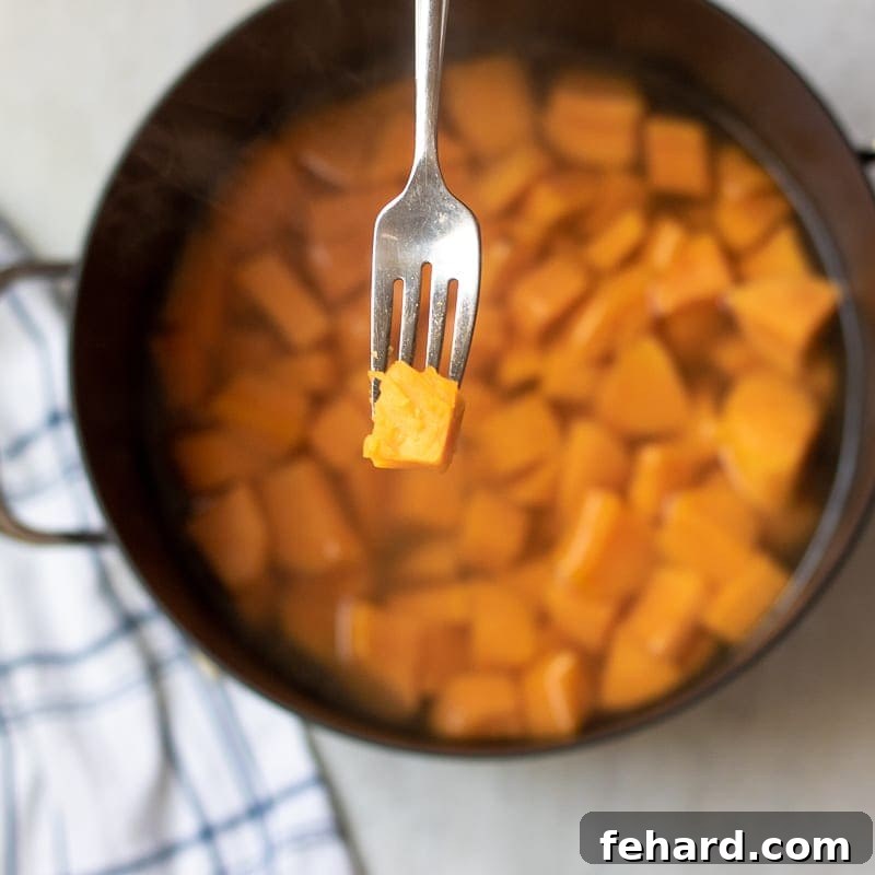 Easy Mashed Sweet Potatoes A fork piercing a soft, cooked sweet potato chunk, lifted slightly above a pot of other cubed sweet potatoes, indicating they are fork-tender.
