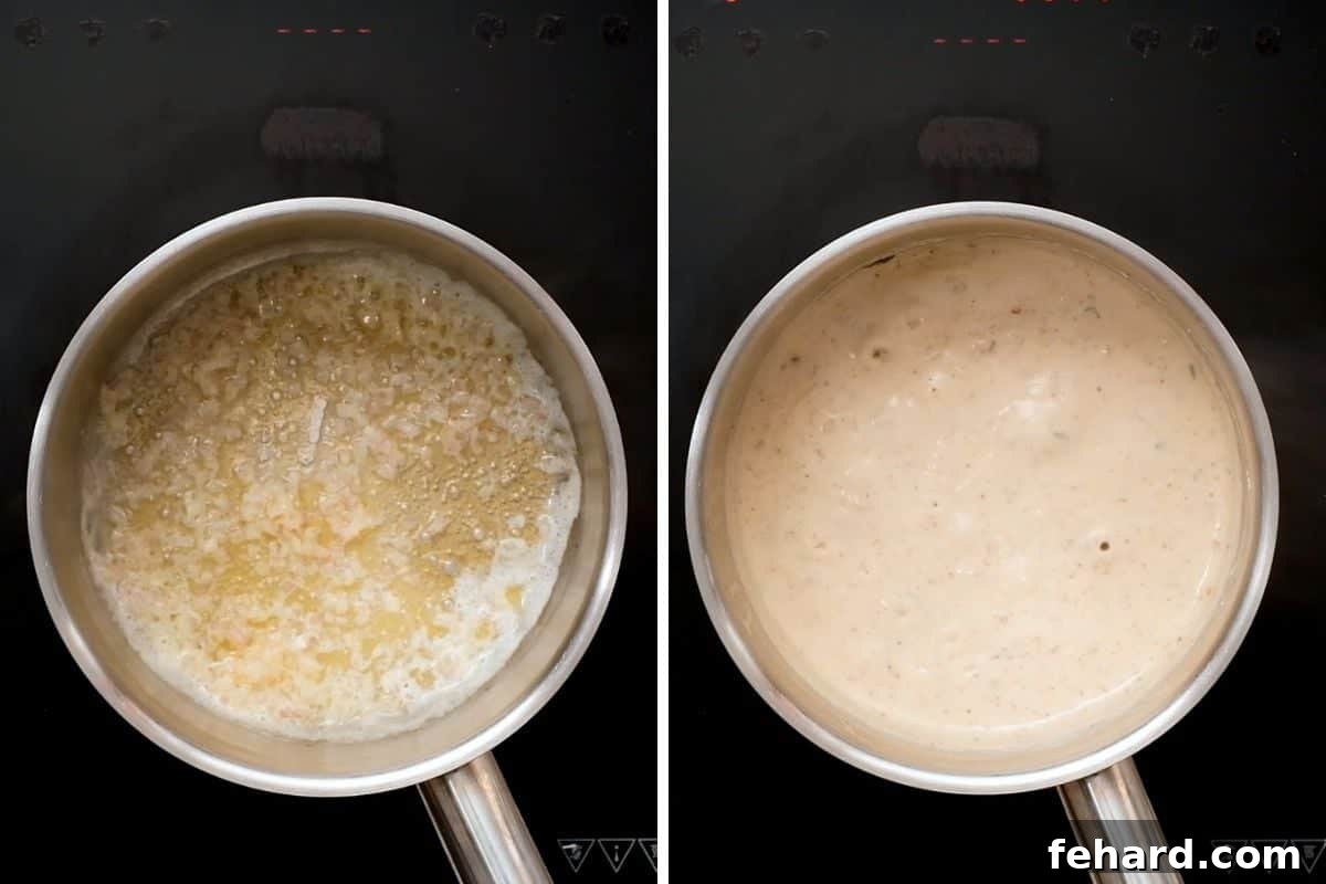 Recipe for Scalloped Potatoes Side by side saucepan with sauteed shallots and prepared sauce.