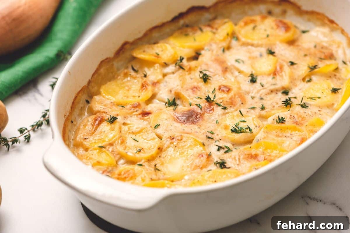 Scalloped Potatoes from Scratch Baked Scalloped potatoes in whtie baking dish.