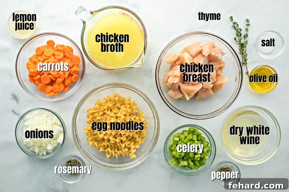 Labeled ingredients for homemade chicken noodle soup on a kitchen counter, including chicken, vegetables, stock, and herbs.