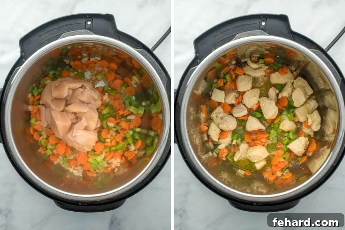 Side by side photo showing Instant Pot with chicken and vegetables before and after sauteeing for chicken noodle soup.