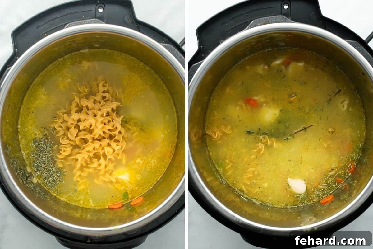 Side by side picture of instant pot before and after submerging egg noodles into broth for chicken noodle soup.