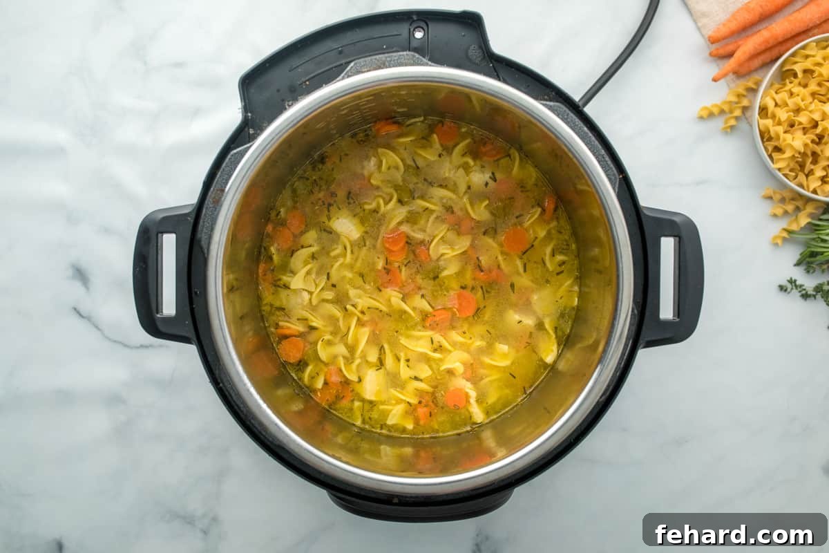 Chicken noodle soup cooked in inner pot of instant pot, ready to serve.