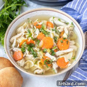 Bowl of Instant Pot Chicken Soup next to Instant Pot