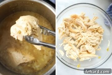 Ultimate Instant Pot White Chicken Chili 6 Side by side photo showing cooked chicken being removed from inner pot next to bowl of shredded cooked chicken.