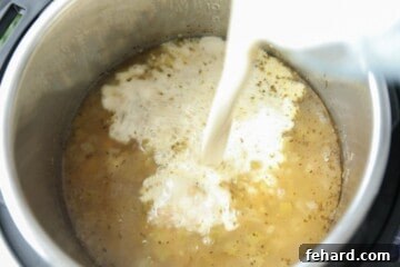 Ultimate Instant Pot White Chicken Chili 8 photo of blended liquid being poured back into inner pot.