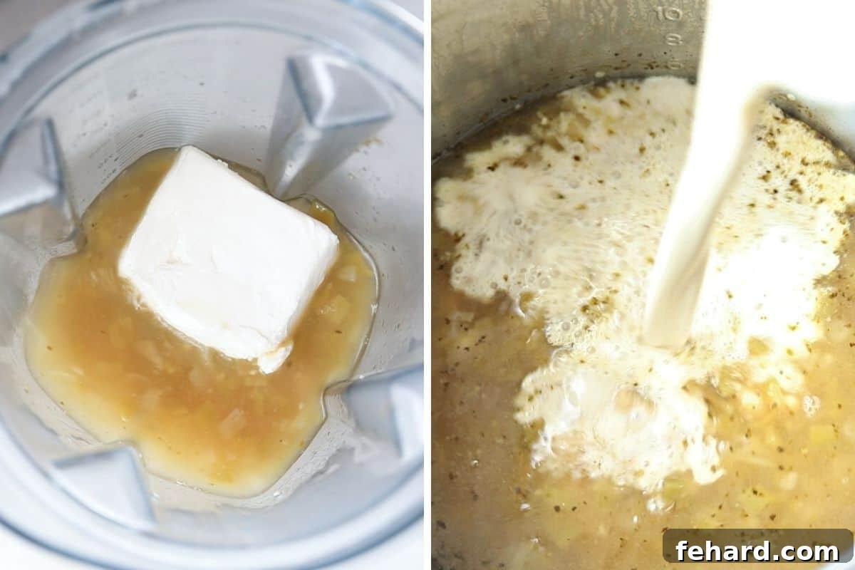 Instant Pot White Chicken Chili Creamy Step Side by side picture of blender with cooking liquid and cream cheese next to photo of blended liquid being poured back into inner pot.