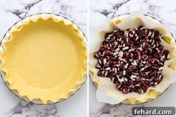Two photos demonstrating blind baking: a pie crust in a pie plate lined with parchment paper and filled with dried beans.