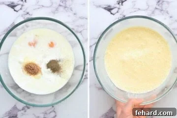 Side-by-side photos showing ingredients for quiche base before and after whisking, achieving a smooth consistency.