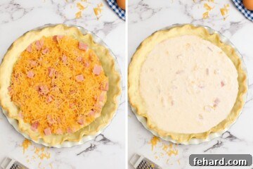 Side-by-side photo showing a pie crust layered with ham and cheddar, followed by the pouring of the egg custard on top.