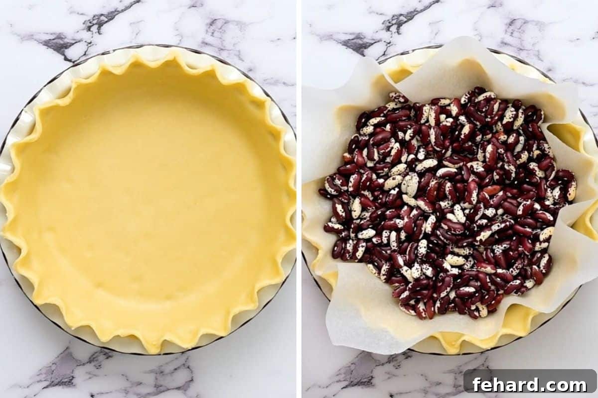 Quiche Recipe Blind Bake Two images demonstrating the blind baking process: a pie crust lined with parchment paper and filled with dried beans, ready for baking.