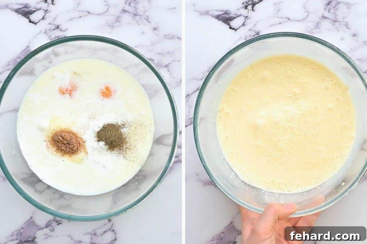 Base Quiche Custard Side-by-side comparison showing quiche base ingredients before and after whisking, demonstrating the smooth consistency achieved.