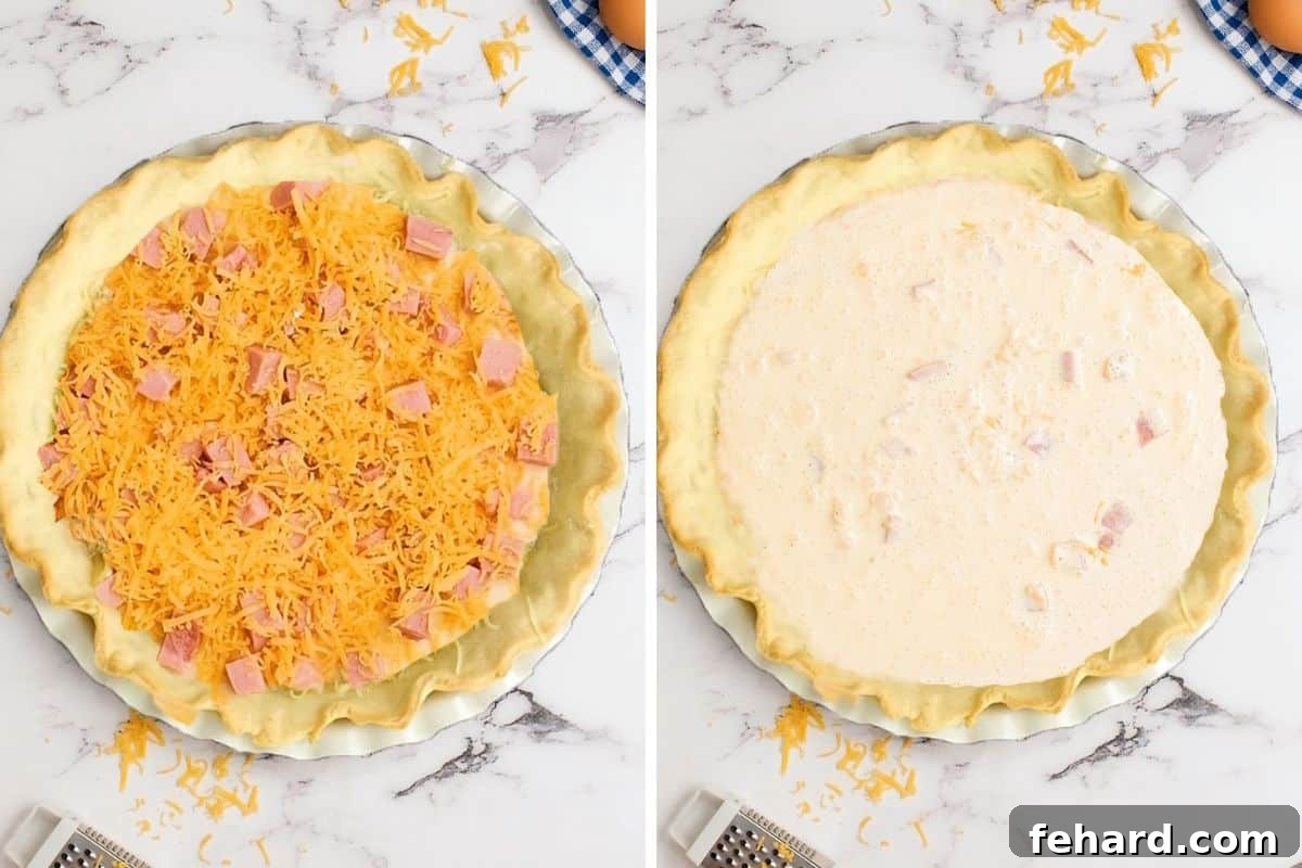 Quiche Recipe Assembly Side-by-side photos illustrating the assembly: pie crust layered with ham and cheddar cheese, followed by the pouring of the egg custard.