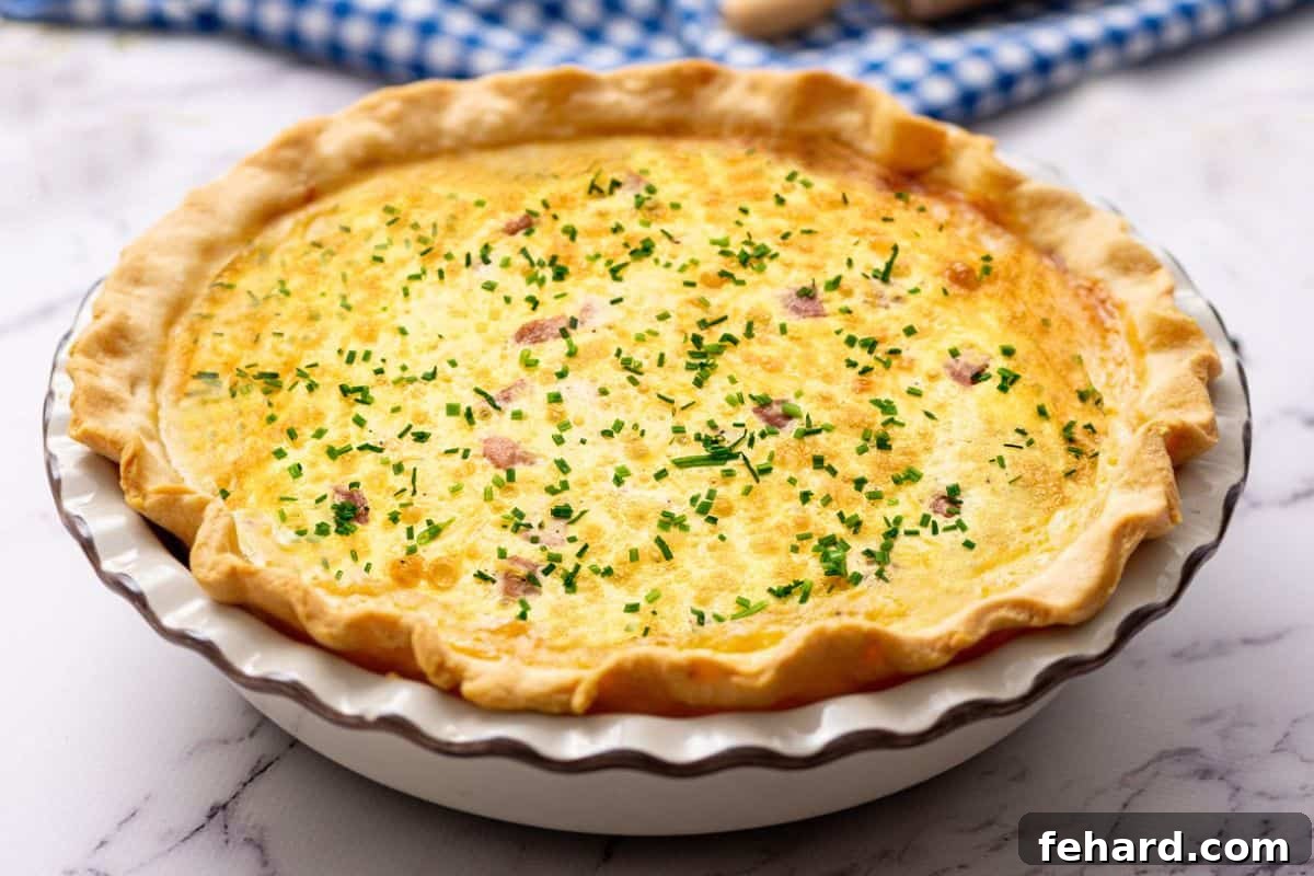 Homemade Quiche Recipe Baked A freshly baked quiche in a pie plate, generously topped with vibrant chopped chives, showcasing its golden-brown crust and perfectly set filling.
